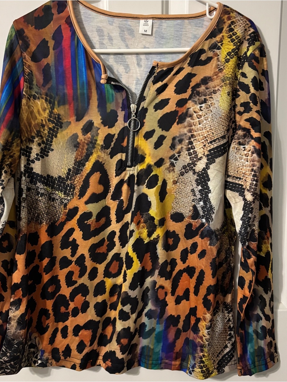 Multicolor Animal Print Zip-Front Long Sleeve Top